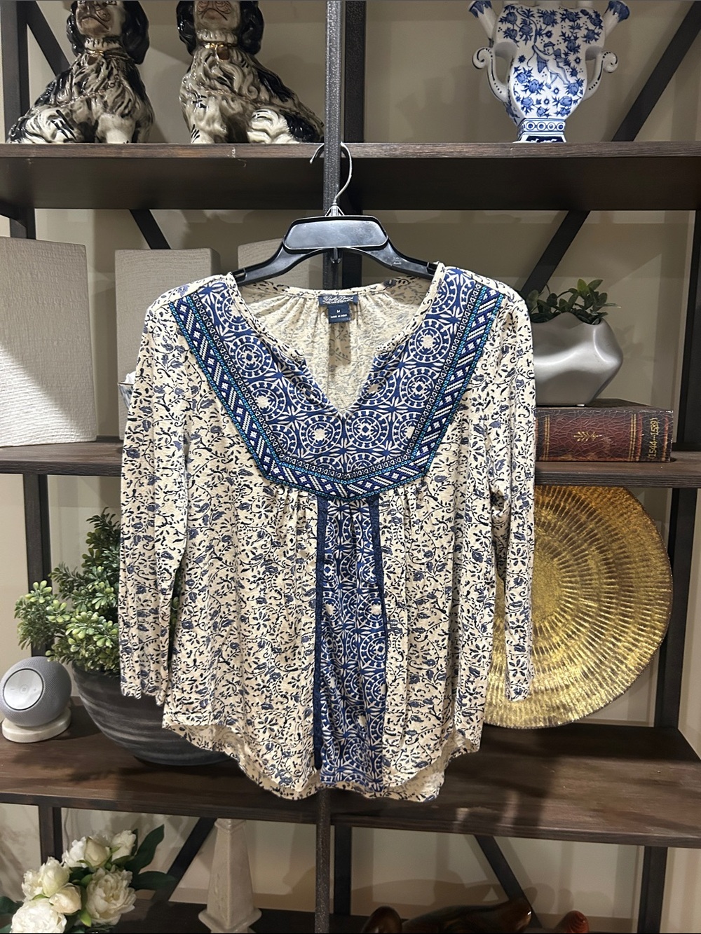 Lucky Brand medium  Cream Tunic with Blue Embroidered Yoke